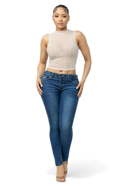 Mesh See Through  Pearls Studs Embellished Top
