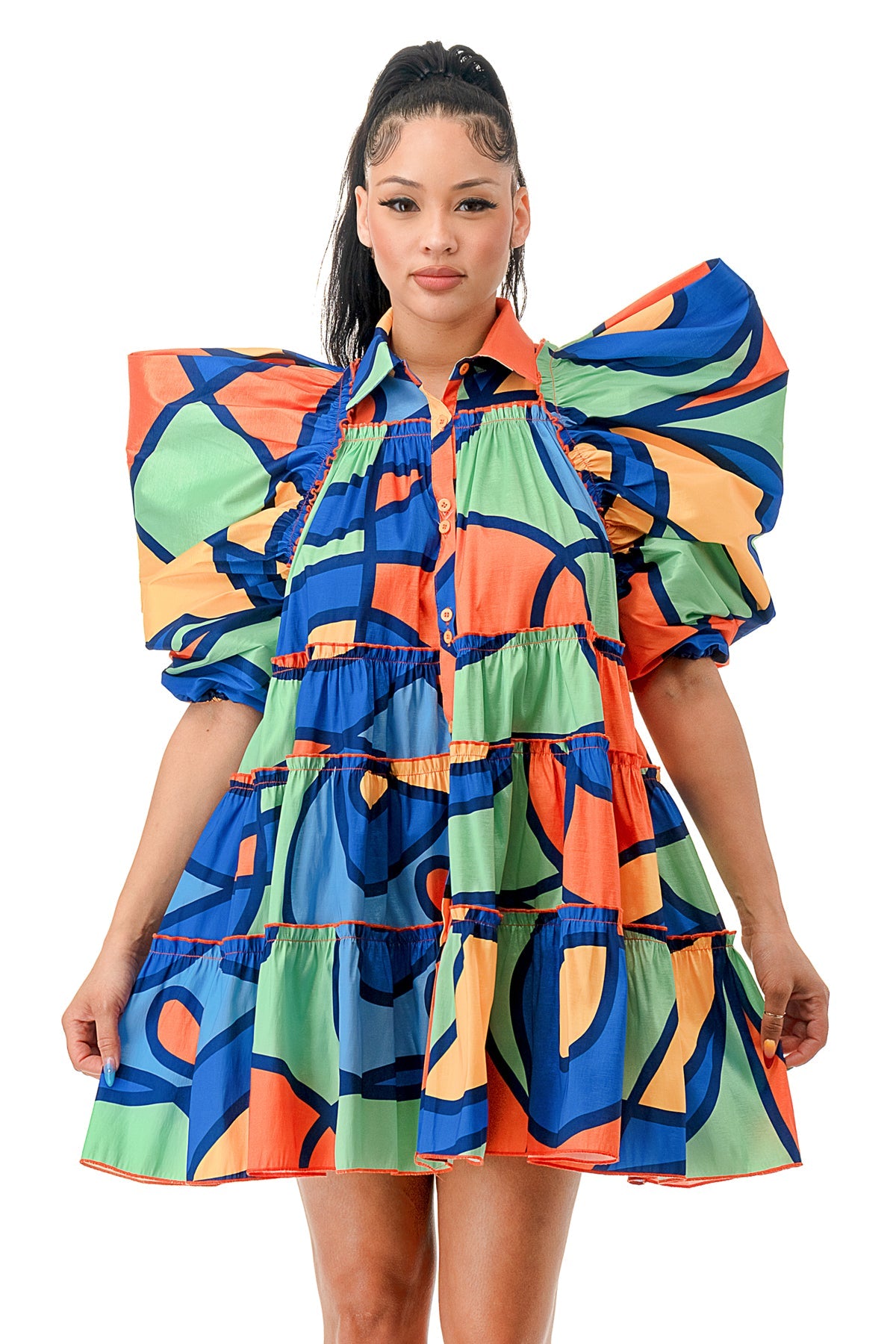 Multi Color Puff Sleeve Baby Doll Dress