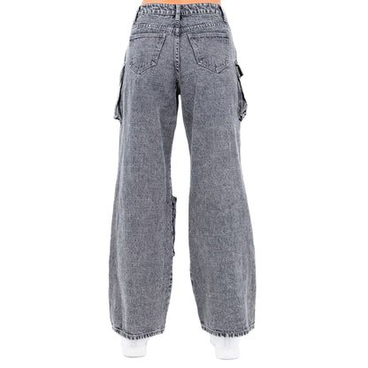 Acid Wash Denim Wide Leg Pocket Pants- RJH30564