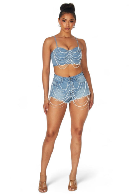 Pearl Detail Denim Short Set